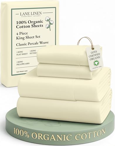 Image of LANE LINEN 100% Organic Cotton King Size Bed Sheets, All Season Soft & Comfy Fully Elasticized Mercized Cotton King Sheets, 15 inch Deep Pocket Luxury Bed Sheets King Size- Vanilla