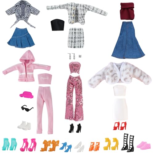 TYXHXTF 30Pcs Vêtements & Accessoires de Poupée, 6 Robes Mini Costume de Vêtements, 7 Paires Chaussures pour Poupée Fille de 11,5 Pouce