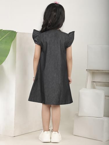 Image of superminis Girls Denim Solid Color Half Sleeves Dress with Embroidered Pocket (1 Dress)