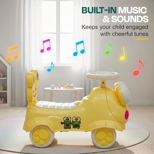 Image of Kermit Ride on Cars for Kids | Portable Kids Car with Music & Toy Storage | Indoor Baby Push Ride-ons with Lights & Safety Backrest | Outdoor Rider Cars for Kid 18+ Months (Yellow)