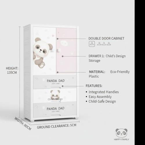 Image of LERIMO Multipurpose Stackable Plastic Cupboard Drawer for Clothes Storage, Almirah for Clothes, Foldable Wardrobe Cabinet Organizer for Office, Kitchen, Bathroom (Little PANDA-SJ6514, 3 - Layer)