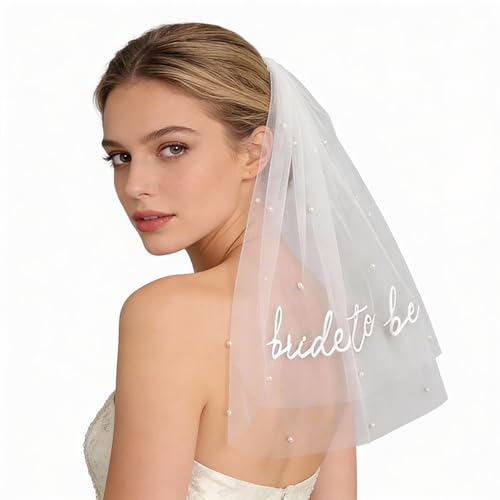 Gerute Bride to Be Short Veil with Pearls Embroidered Wedding Headpiece for Bride Bachelorette Party Accessories Bridal Shower Gifts for Women Photo Prop