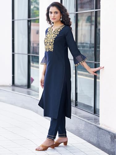 Image of SKYLEE Silk Blend Embroidery Straight Kurta Set with Dupatta