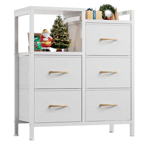 Furnulem 5 Drawer White Dressers for Bedroom 2 Tier Shelf Storage Small Fabric Dresser for Closet Sturdy Metal Frame Modern Style Storage Cabinets Organization Units for Hallway Rooms