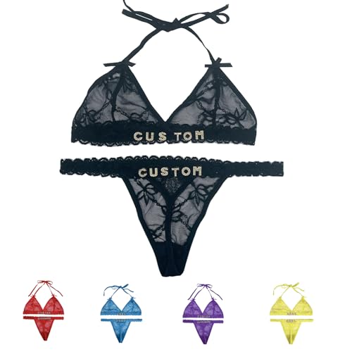 MBBEST Custom Name Lace Thong with Names Bra Set– Personalized Underwear Panties with Glitter Letters, Sexy Low-Rise Thong for Women for Her