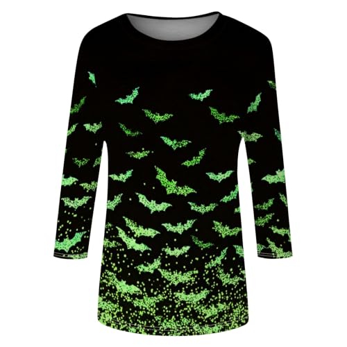 Image of Women Spooky Halloween Graphic Shirt 3 /4 Length Sleeve Crewneck Top | Halloween Funny Printed Pumpkin Plus Size Tshirts 2026 Fall Outfits Skeleton Tee Going Out Tops