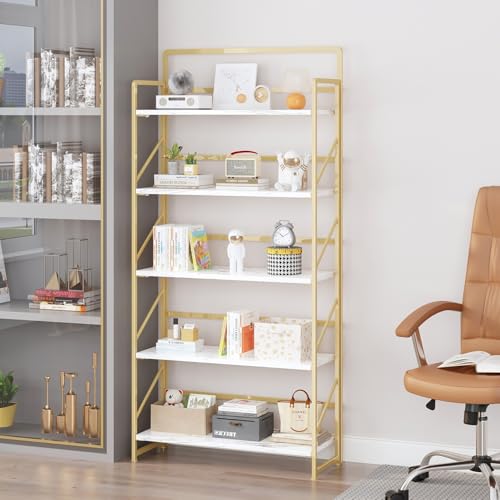 Image of JSB 6 Tier No Assembly Folding Bookshelf, 30.3 inch Wide Foldable Storage Bookcase for Home Office, Space-Saving Storage Shelf for Living Room (White&Gold)