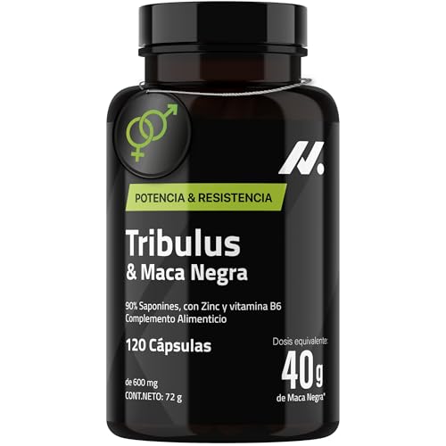 Tribulus Terrestris y Maca Negra 40.000 mg (90% Saponinas y Extracto 100:1), Zinc y B6 – Vitalidad, Confianza Duradera y Energía - Testosterona Hombre -120 Caps. Vegano, Sin Gluten ni Lactosa