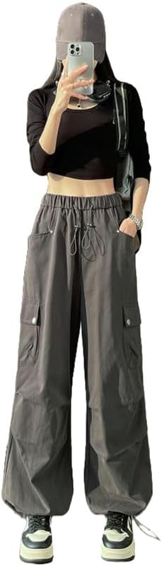 JYHBHMZG Women's American Style Spring Silk Cotton Cuffed Hem Wide Leg Casual Sports Cargo Pants
