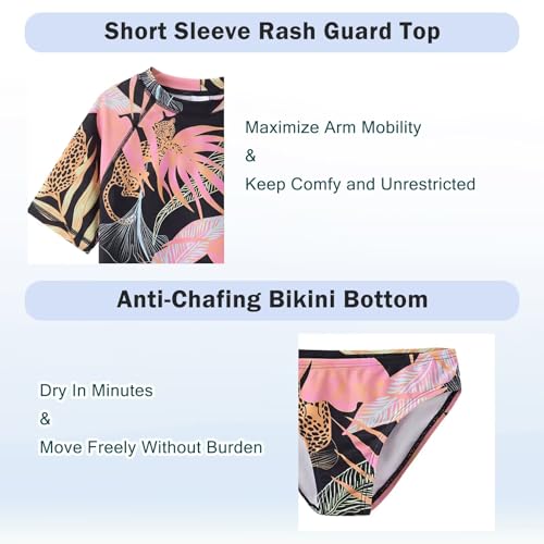 Image of Girls Two Piece Swimsuits Short Sleeve Rash Guard Swim Shirt Bikini Bottom Swim Set Bathing Swim Set Swimwear 3-16 Years