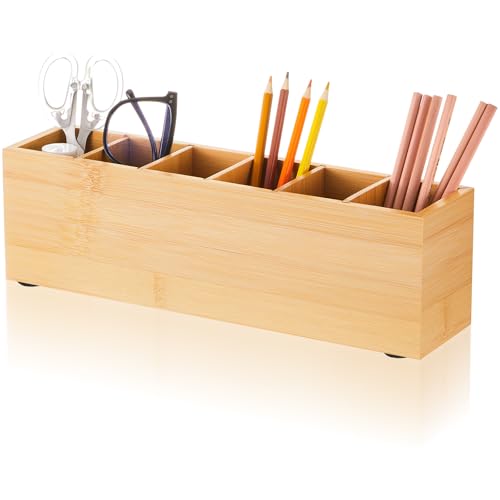Image of Jetec Wooden Pencil Pen Holder for Desk 6 Compartments Cosmetic Makeup Brush Stationery Office Desktop Organizers for Countertop Adjustable Silverware Caddy for Party, Art Supplies,Home(Bamboo)
