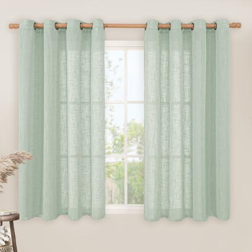 Image of LAMIT Light Sage Linen Curtains 45 Inches Long for Bedroom, Semi Sheer Light Filtering Panels Bronze Grommet Neutral Drapes for Kitchen /Window /Bedroom, 2 Panels Set, 52 x 45 Inch