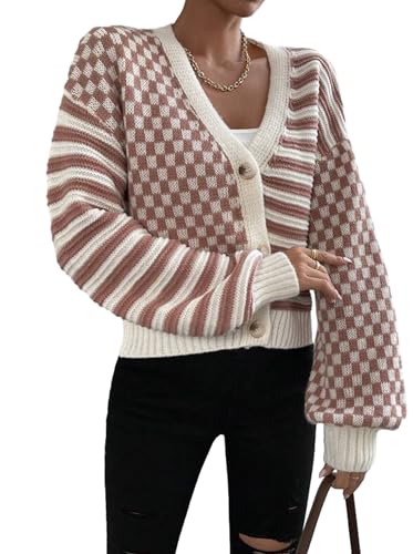 Women's Long Sleeve Cardigan V Neck Drop Shoulder Cardigan Ribbed Knit Two Color Checkered Loose Warm Cozy Ladies Sweater Top