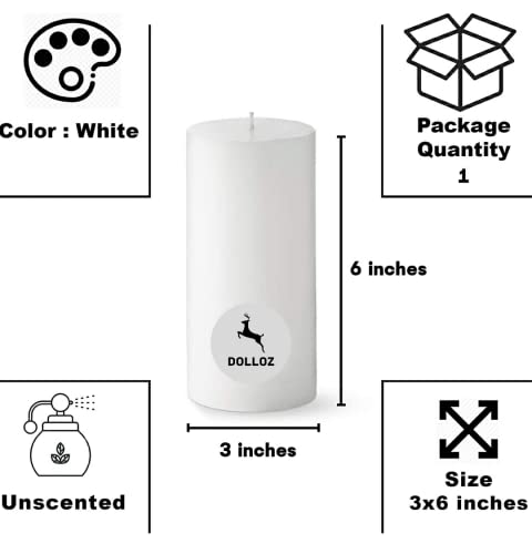 Image of Paraffin Wax Pillar Candle | Dripless | Smokeless | Unscented | Burning time- 60 hrs | Hand Poured | Christmas Candle (Set of 6, 3 X 6 Inch, White)