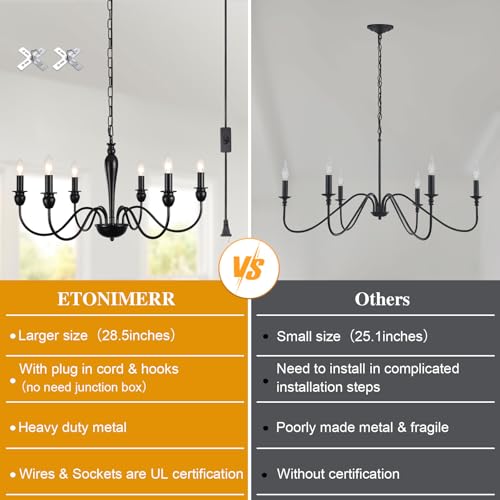 Image of ETONIMERR 6 Lights Black Plug in Chandelier Farmhouse Pendant Light Plug in