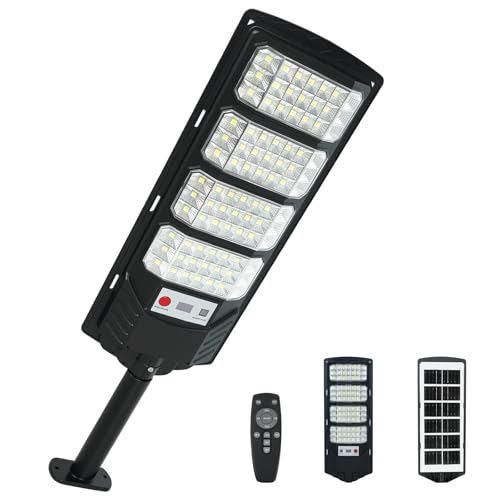 Smart Solar Street Light with Motion Sensor and Remote Super Bright 9900K Equivalent LED 10-12Hrs Runtime IP65 Waterproof for Yard Path Parking(1200W 1PACK)