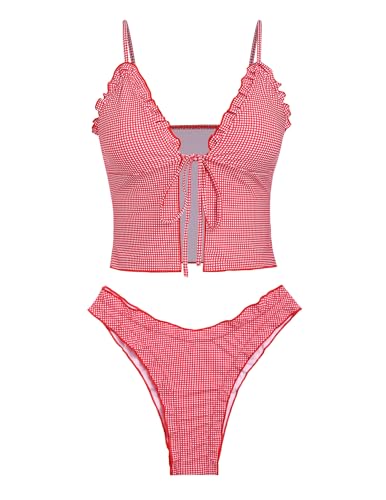 seamoly Women's Tankini Sets Tie Front Ruffle Bikini Set High Cut Thong Two Piece Swimsuit Floral Gingham Bathing Suit