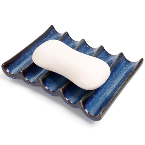 Ceramic Soap Dish, Bar Soap Holder with Self Draining Design, Large Soap Tray for Shower, Sink, Countertop, Bathroom & Kitchen, ANTIS'S HOME (Blue)