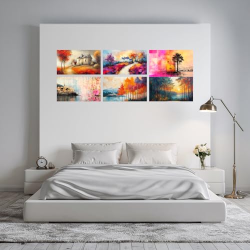 Image of SiddArtify Autumn Landscape Wall Art Prints Set - Impressionist Countryside Poster Decor for Living Room Bedroom - 8x12 inch Board Pack of 6