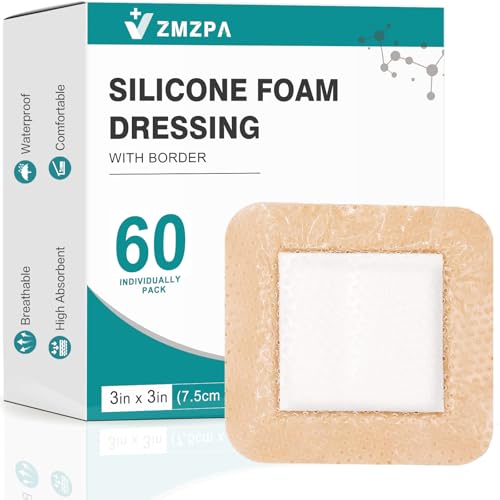 Silicone Foam Dressing 3x3 Gentle Border Super Absorbent Wound Dressing Bed Sore Patches Waterproof Silicone Bandages for Wounds Care Self Adhesive Pressure Sore Pads (60)