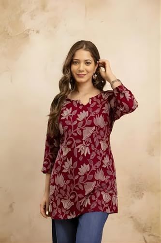 Image of Women's Cotton Printed Short Kurti, Round Neck, Three Quarter Sleeve, Straight Fit, Pack of 2