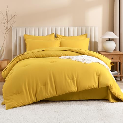 Litanika Comforter California King Size Set Mustard Yellow - 7 Pieces Bed in a Bag California King Bedding Comforter Sets, Plain Lightweight Bed Set with Comforter, Sheets, Pillowcases & Shams