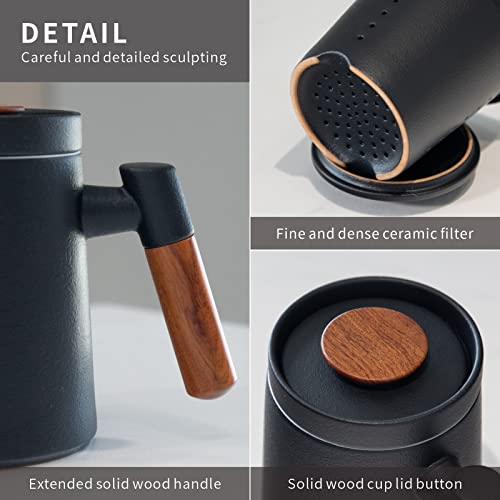 Heer Ceramic Tea Cup With Infuser And Lid For Steeping Loose Leaf Tea, Infusion Tea Mug With Extended Wooden Handle, Frosted Glazed Coffee Teacup For Home Office. 400Ml/13.5Oz. (Black) #TOP4