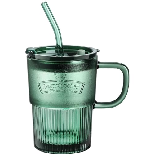 Image of Glass Coffee Cups Tumbler with Handle Lid and Straw, Smoothie Iced Coffee Tea Glasses Mug, Green Colored Drinking Jar for Water Juice Beverages Soda Milk (450ML, Pack of 1, Green)
