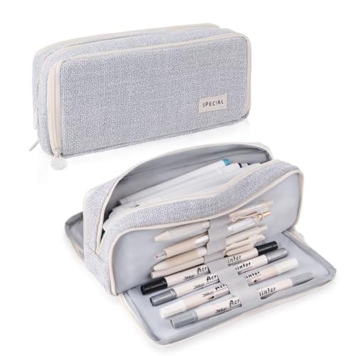 Image of iSuperb Large Pencil Pouch 3 Compartments Pencil Case Big Capacity Pencil Bag for Kids Teen Girls Boys Student School Supplies Pen Organizer Holder Bag (Light Grey)