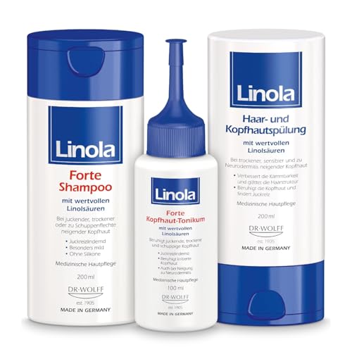 Linola Forte Shampoo 200 ml + Haar- und Kopfhautspülung 200 ml + Forte Kopfhaut-Tonikum 100 ml - Kopfhautpflege-Set bei juckender, trockener und schuppiger Kopfhaut