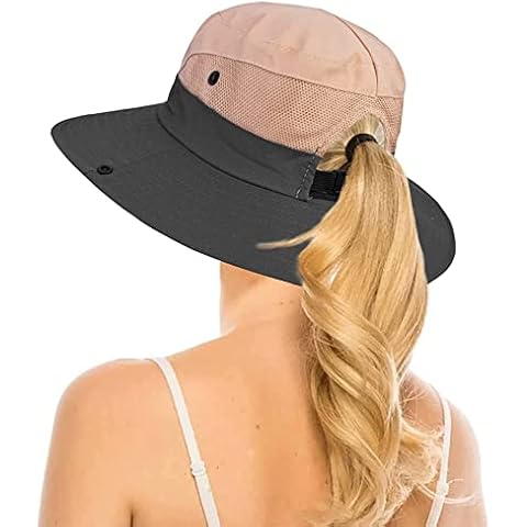 Womens Summer Quick-Dry-Sun-Hat Outdoor - Mesh Wide Brim UV-Protection Beach Fishing Hat with Ponytail Hole Foldable Pink Cover