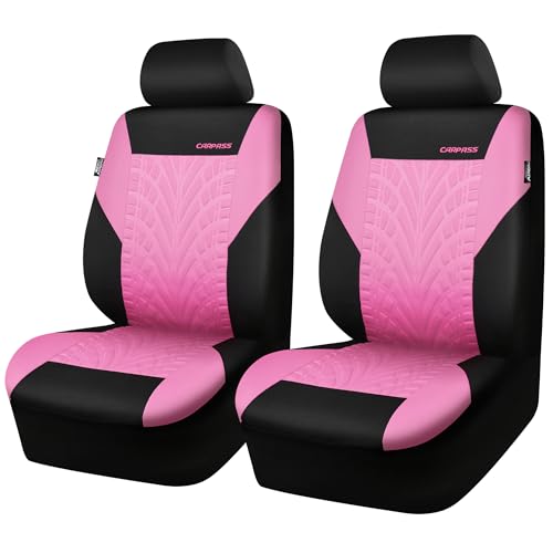 Image of CAR PASS Car Seat Covers Two Front Only for Car, 3D Tyre Print Automotive Interior Covers, Airbag Compatible, Quick Setup Universal Fit Seat Covers for Car, Truck, SUV(Black and Pink)