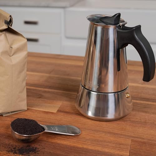 Image of London Sip Stainless Steel Stovetop Espresso Maker Moka Pot Italian Coffee Percolator, Silver, 10 Espresso Cups
