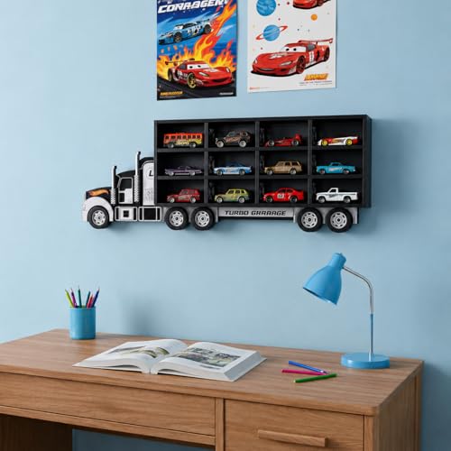 Image of Truck Shape Die Cast Car Display Shelf for 1:64 Scale Toy Cars | Wall Mounted MDF Storage Organizer | Personalized Name Option | 12 Slots, 20 Slots & Extension Add-On (Turbo Garage 12)