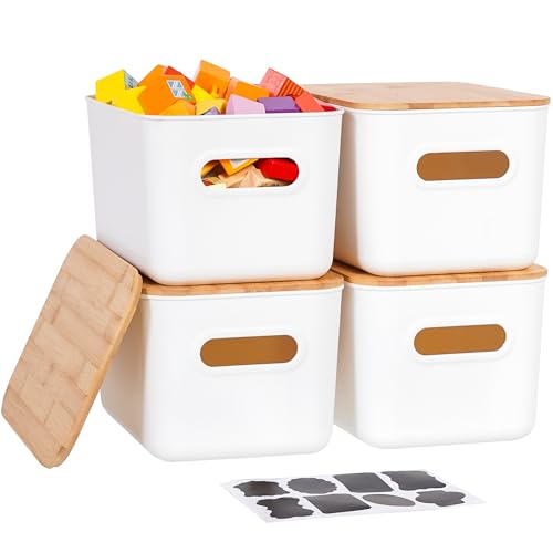 Citylife 4 PCS Storage Bins with Bamboo Lids Plastic Storage Containers for Organizing Stackable Storage Box with Handle, 10.23 x 7.08 x 6.3 inch