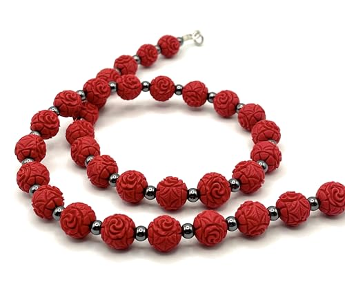 Collier avec cinabre rouge véritable, hématite et argent massif - 6