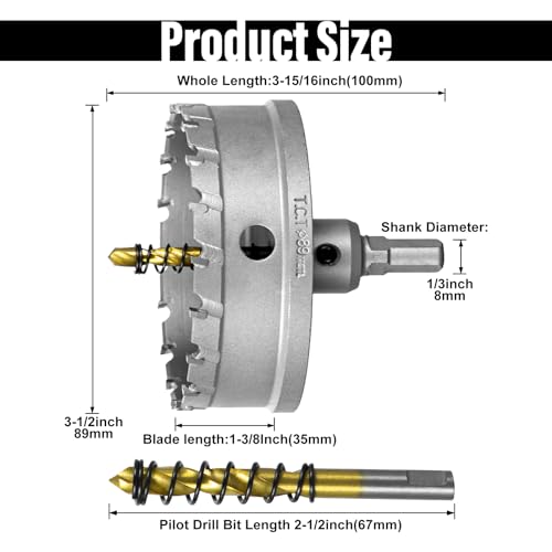 Image of SALI 3-1 /2 inch(89mm) TCT Hole Saw Kit Tungsten Carbide Tipped Hole Saw Drill Bit with Titanium-Plated Pilot Drill bit for Metal, Stainless Steel, Iron, Wood, Plastic