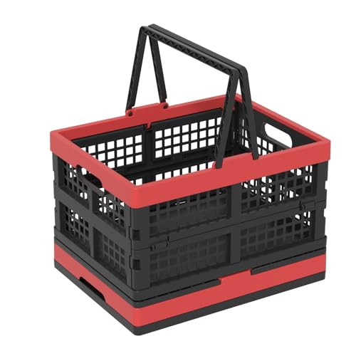 Qskely 2 Pack Collapsible Shopping Basket with Handles, 15 L Plastic Folding Storage Crates, Stackable Collapsible Crate with Handle