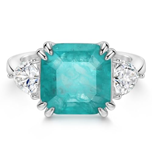 Michooyel 3.75ct Paraiba Promise Ring for Women Asscher Cut Three Stone Statement Ring in 925 Sterling Silver