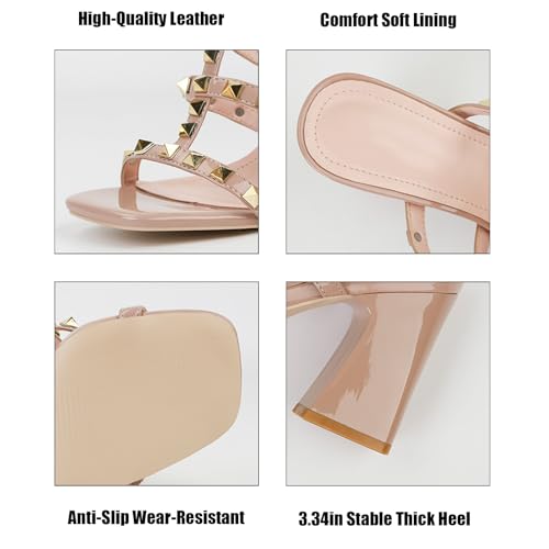 Women'S Leather T-Strap Strappy Studded Chunky Heel Slide Sandals Fashion Multi Band Square Toe Open Slip On Comfort Block High Heel Slingback Mule Slipper For Beach Prom Party Wedding Dress2