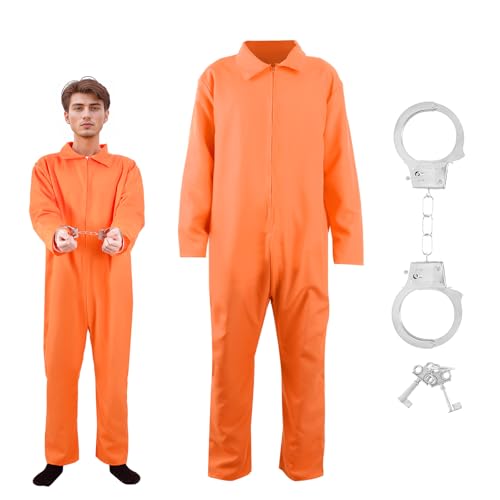 Halloween Prison Jumpsuit Costume - Mens Inmate Outfit - Orange Prisoner Jailbird Costume (L)