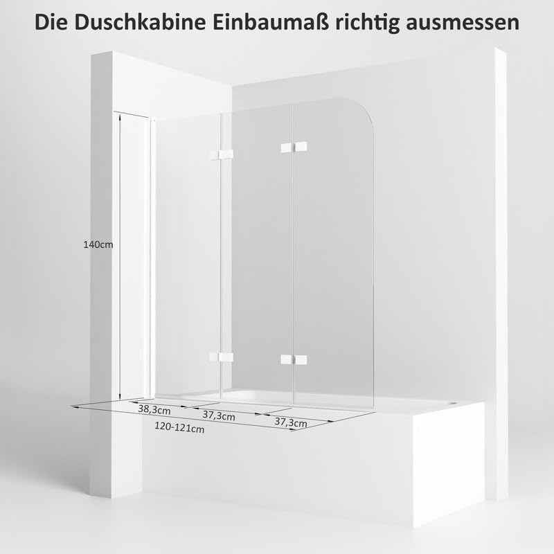 Duschwand für Badewanne 120x140cm Duschabtrennung, 3-Teilig Faltbar klar Badewannenaufsatz, Duschtrennwand mit 6mm NANO ESG Sicherheitsglas, Badewannenfaltwand in Weiß Alu