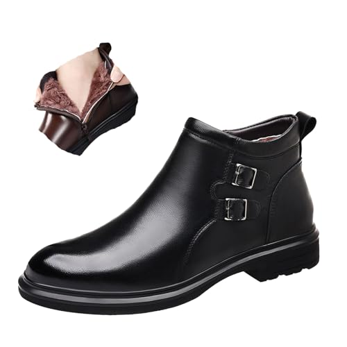 Men's Winter Business Casual Leather Boots,Cozy Warm Fur Lined Waterproof Monk's Strap Buckle Zipper Dress Oxford Boot
