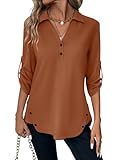 TICTICMISS Women's 3/4 Length Rolled Sleeve Tunic Tops Collared V Neck T Shirts Both Side Buttons Blouses Caramel