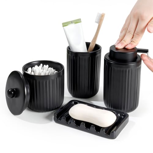 Image of BosilunLife Striped Black Ceramic Bathroom Accessories Set of 4 | Bathroom Decor Sets Accessories Bathroom Lotion Soap Dispenser and Toothbrush Holder Set, Soap Dish, Apothecary Jars.(Liquid)