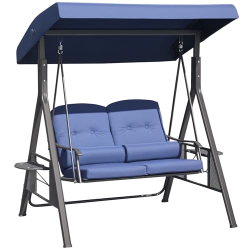 Outsunny 2-Person Patio Swing Bench with Adjustable Shade Canopy, Soft Cushions, Throw Pillows and Tray, Dark Blue