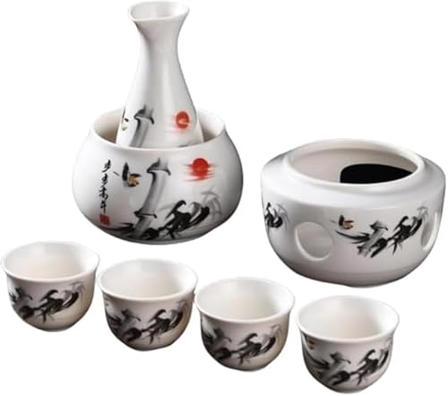 KryZaroおしゃれ陶器製酒器セット 美濃焼伝統デザイン 徳利・おちょこ・フラスコ・燗瓶・酒カップ一式 日本酒・焼酎両対応 熱燗器・冷酒器兼備 接客パーティー・自宅くつろぎ用最適?