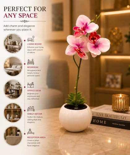 Image of LE'SIJA DECORATIONS Artificial Orchid Plant, 35cm Pink Silk Flowers Real Touch Latex Petals, 4 Bloom Heads in White Plastic Pot for Home, Wedding, Office, Tabletop Decor (Orange)