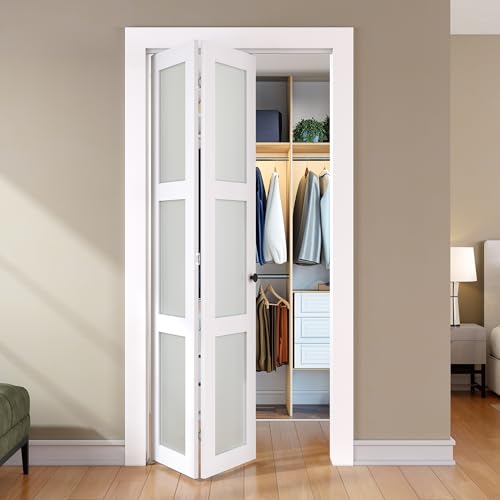 SMARTSTANDARD Bifold Door, for 32" x 80-3/4" Opening,Tempered Frosted Glass Closet Folding Barn Door with Hardware Kit, Water-Proof PVC Surface,Easy Install,White 31-1/2" x 78-3/4"(Fit Openi