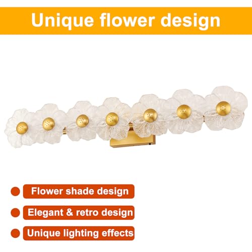 Image of MantoLite 33.46'' Bathroom Light Fixtures Modern Vanity Light Over Mirror Adjustable 3000K-6000K Picture Lights Art Light with Floral Clear Glass Shades for Living Room Bedroom (7 Light Gold)